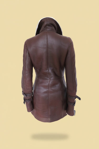 Laurèl — Shearling Coat with Cream Collar in Oxblood Brown