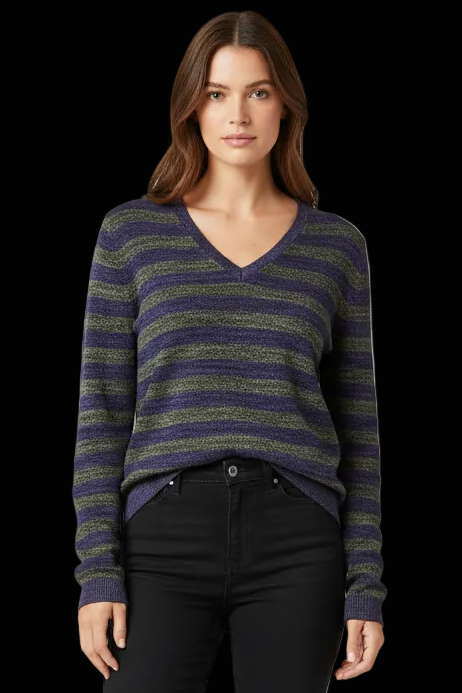 Prada silk-wool striped v-neck pullover in navy & olive — rent from Laura Messerschmitt, Berlin stylist