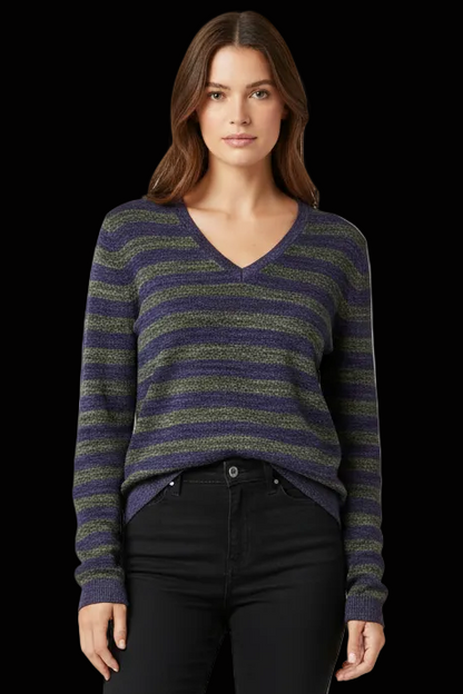Prada silk-wool striped v-neck pullover in navy & olive — rent from Laura Messerschmitt, Berlin stylist