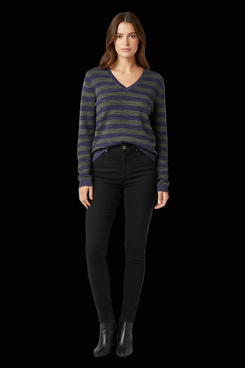 Prada silk wool striped v neck pullover in navy and olive — view 1