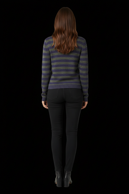 Prada — Silk-Wool Striped V-Neck Pullover in Navy & Olive