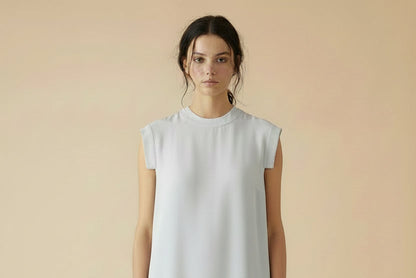 AllSaints — Silk Cap-Sleeve Shift Dress with High-Low Hem in Dove Grey