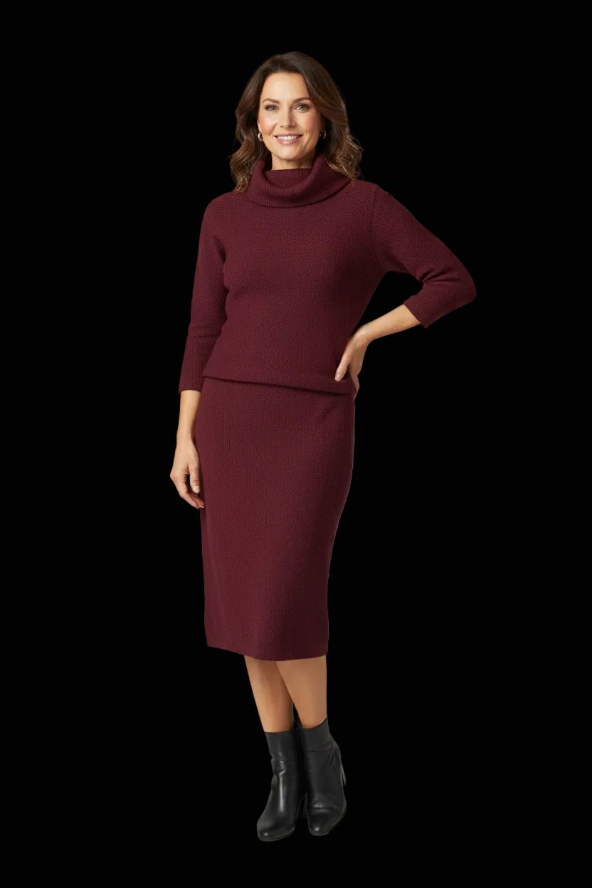 Pedro del Hierro wool knit co-ord in burgundy — rent from Laura Messerschmitt, Berlin stylist