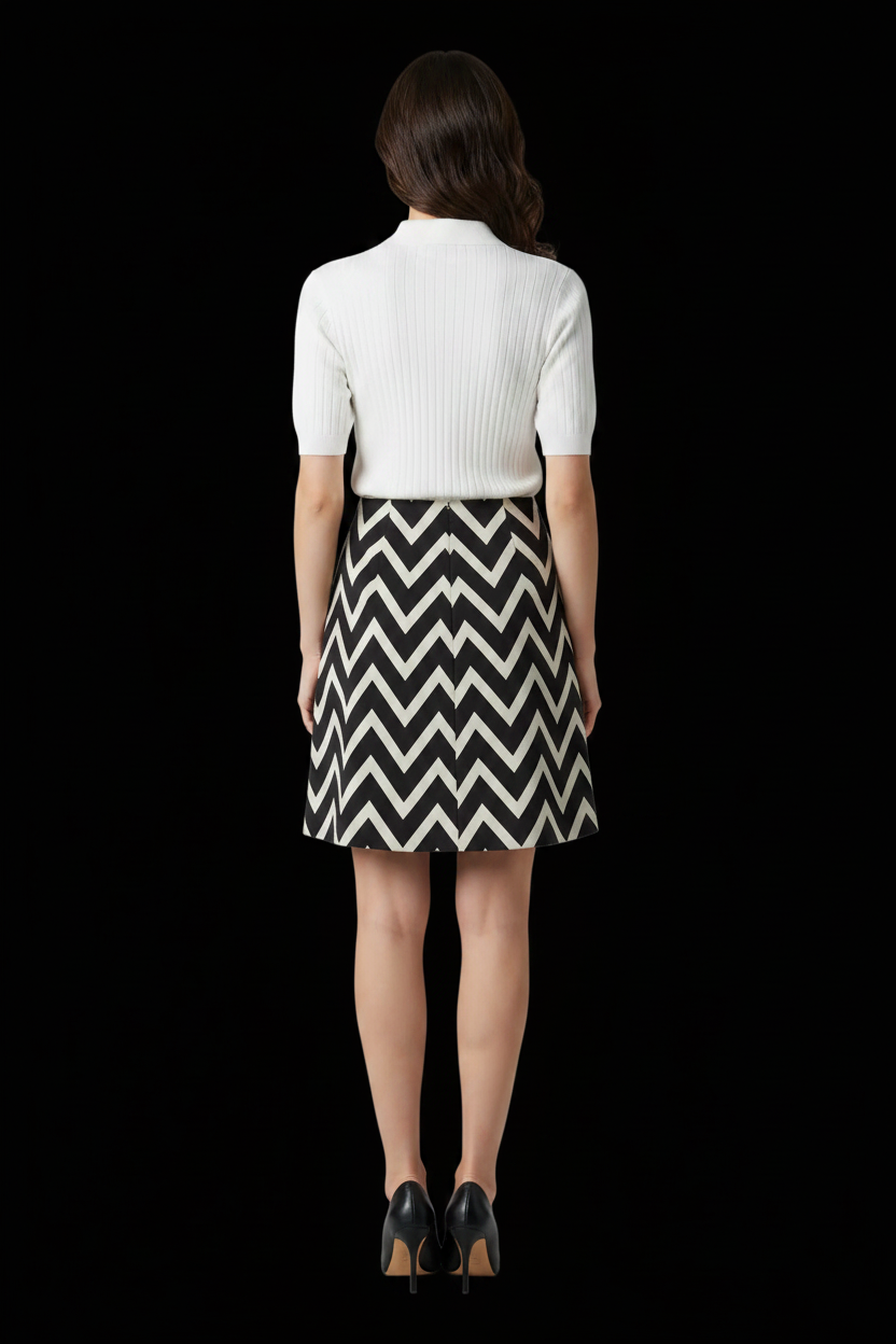 Escada — A-Line Mini Skirt in Black & Ivory Chevron
