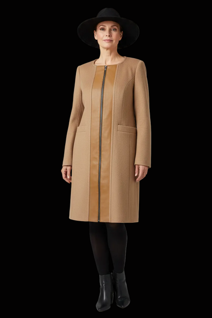 Escada camelhair & suede colour-block coat with exposed zip — rent from Laura Messerschmitt, Berlin stylist