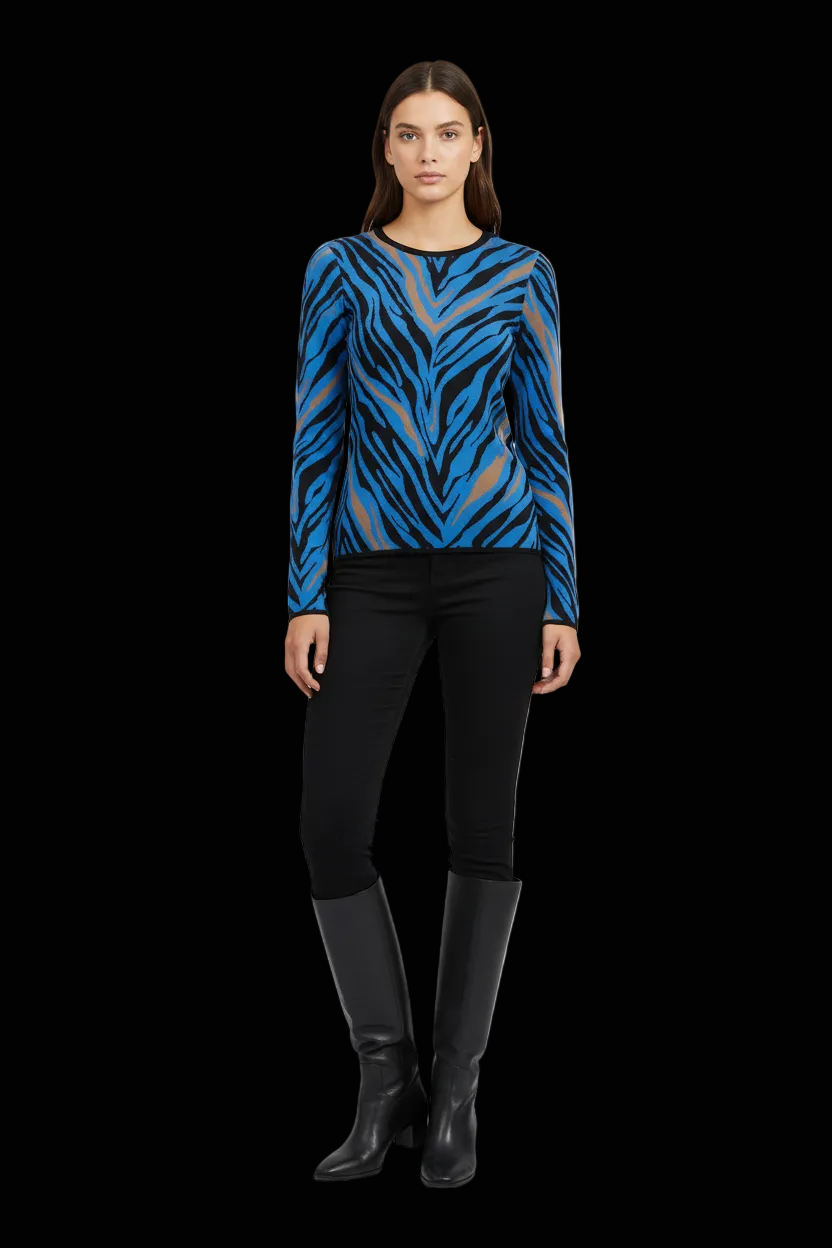 Fausto Puglisi zebra stripe knit pullover in cobalt black and tan — view 1
