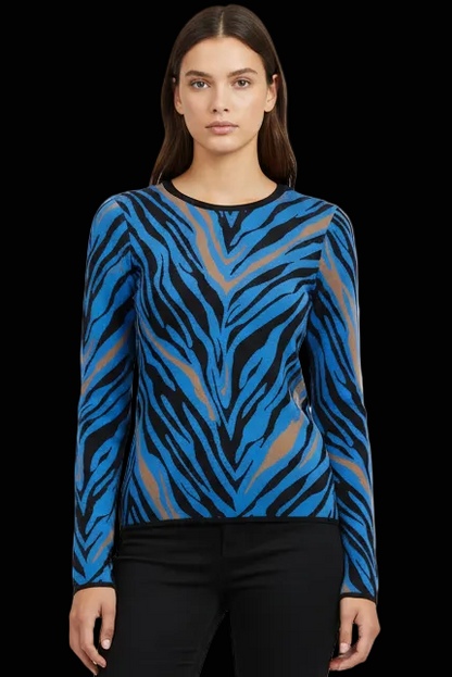 Fausto Puglisi zebra stripe knit pullover in cobalt, black & tan — rent from Laura Messerschmitt, Berlin stylist