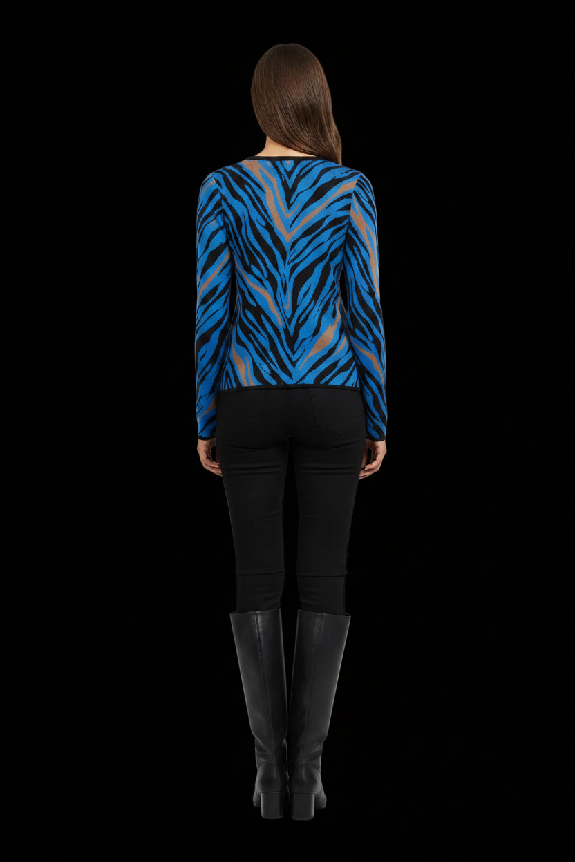 Fausto Puglisi — Zebra Stripe Knit Pullover in Cobalt, Black & Tan