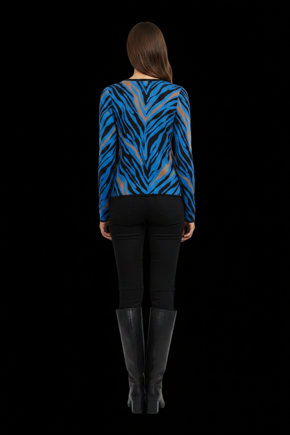 Fausto Puglisi — Zebra Stripe Knit Pullover in Cobalt, Black & Tan