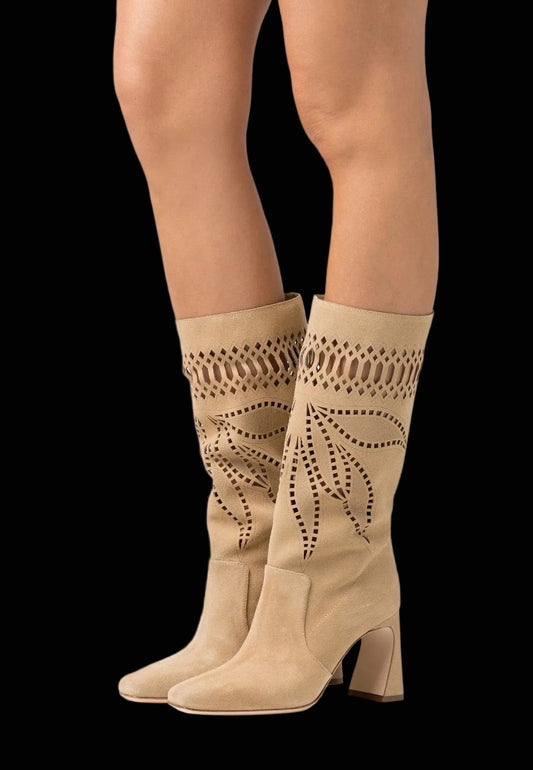 Alberta Ferretti laser-cut suede boots in sand — rent from Laura Messerschmitt, Berlin stylist