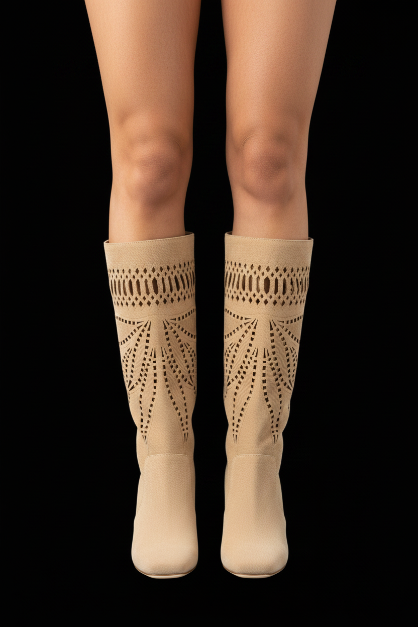 Alberta Ferretti — Laser-Cut Suede Boots in Sand