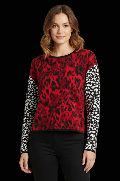 Fausto Puglisi wool clash-print cropped pullover in red leopard & black dot — rent from Laura Messerschmitt, Berlin stylist