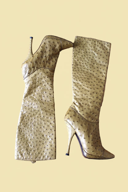 Louis Vuitton — Ostrich Leather Knee-High Boots in Olive Green