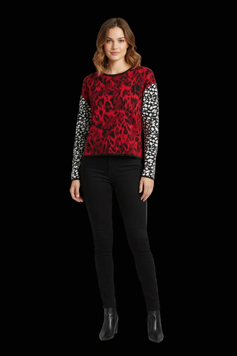 Fausto Puglisi wool clash print cropped pullover in red leopard and black dot — view 1