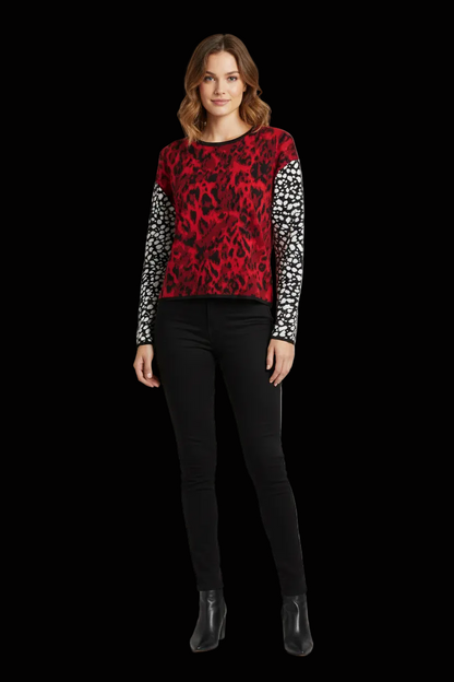Fausto Puglisi wool clash print cropped pullover in red leopard and black dot — view 1