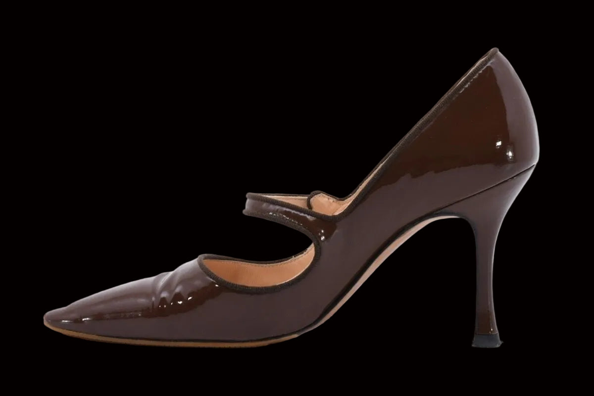 Manolo Blahnik brown patent leather Mary Jane pumps — side view