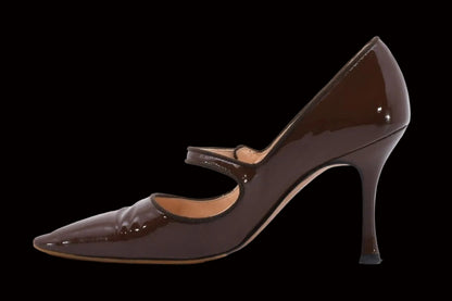 Manolo Blahnik brown patent leather Mary Jane pumps — side view