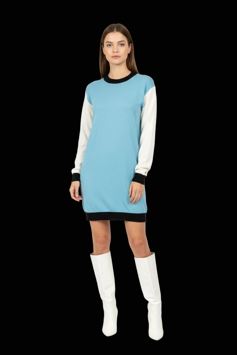 Fausto Puglisi cashmere colour block tunic in sky blue ivory and black — view 1
