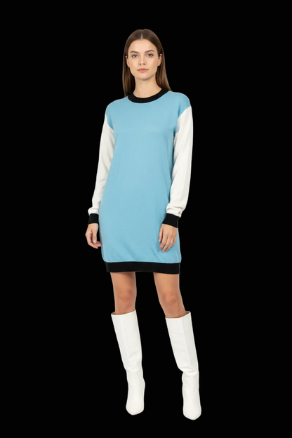 Fausto Puglisi cashmere colour block tunic in sky blue ivory and black — view 1