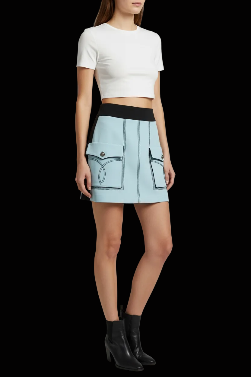 Fausto Puglisi — Silk Mini Skirt with Trompe-l'œil Topstitching in Sky Blue (New)
