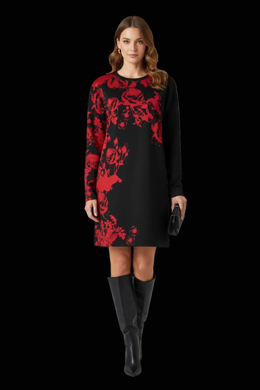 Fausto Puglisi longline sweatshirt dress with rose print & sunburst logo in black — rent from Laura Messerschmitt, Berlin stylist
