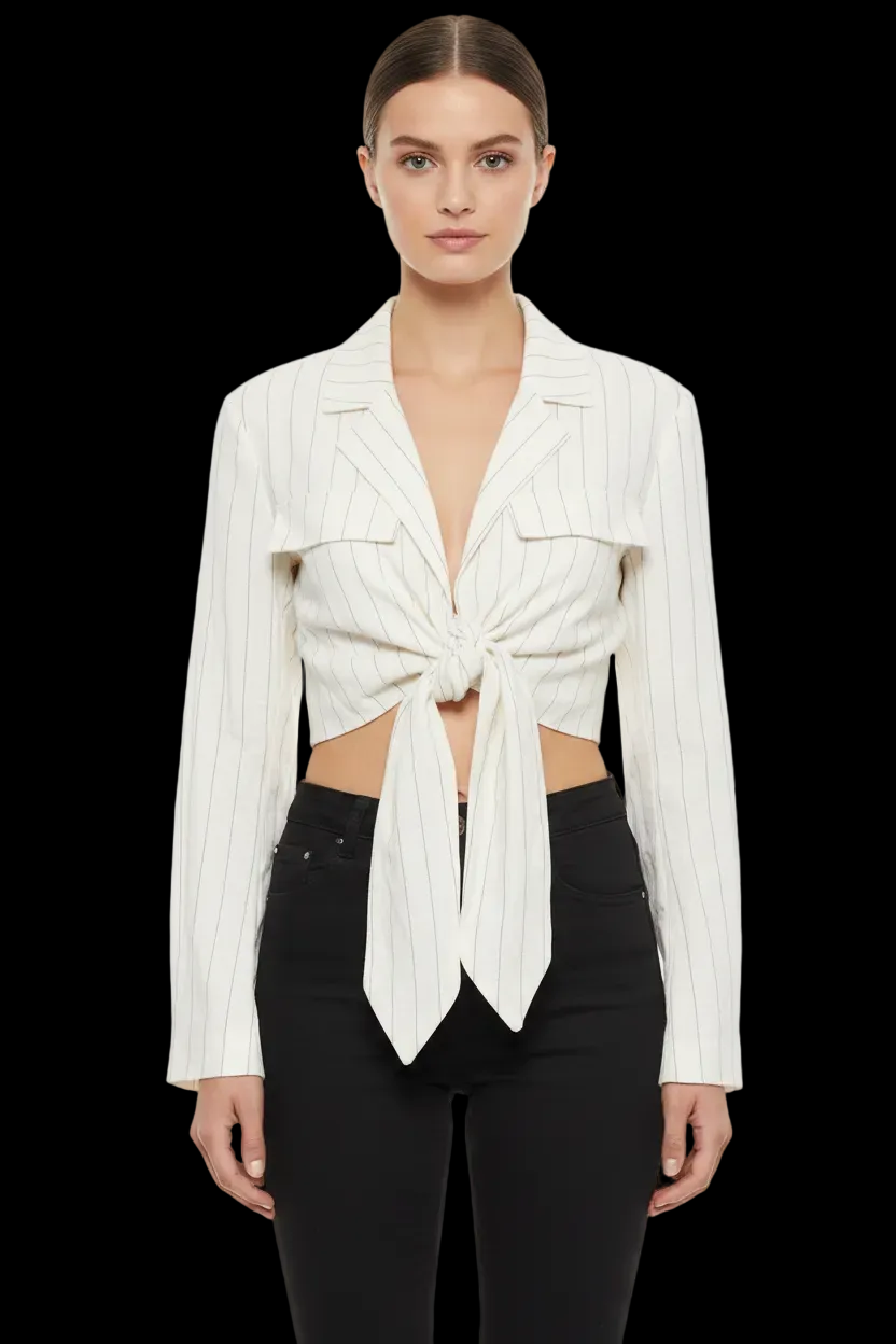 Gina Tricot — Cropped Linen-Viscose Blazer in Black & White
