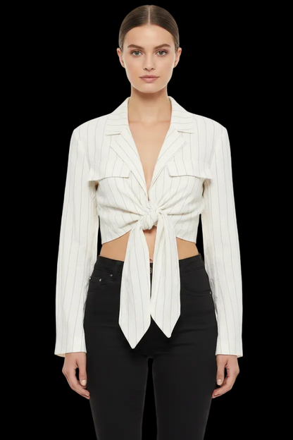 Gina Tricot — Cropped Linen-Viscose Blazer in Black & White