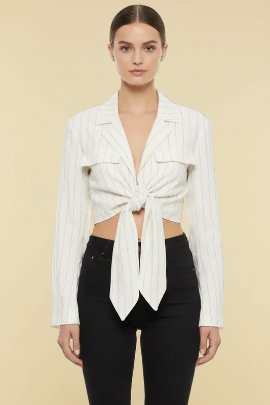Gina Tricot — Cropped Linen-Viscose Blazer in Black & White