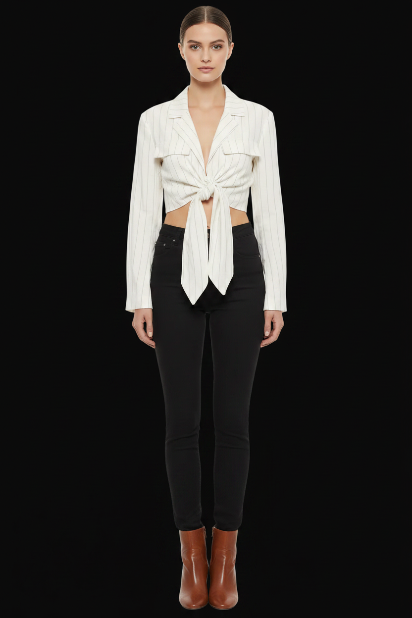 Gina Tricot — Cropped Linen-Viscose Blazer in Black & White
