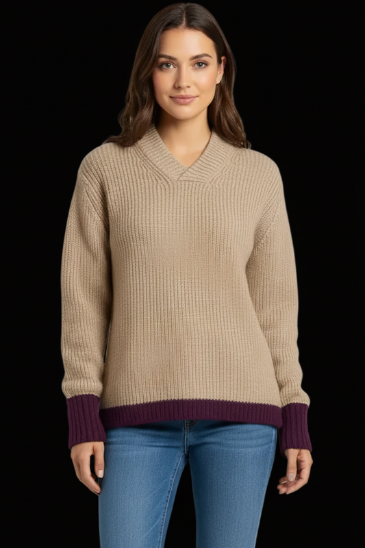 Prada mohair-wool v-neck pullover in camel & brown — rent from Laura Messerschmitt, Berlin stylist
