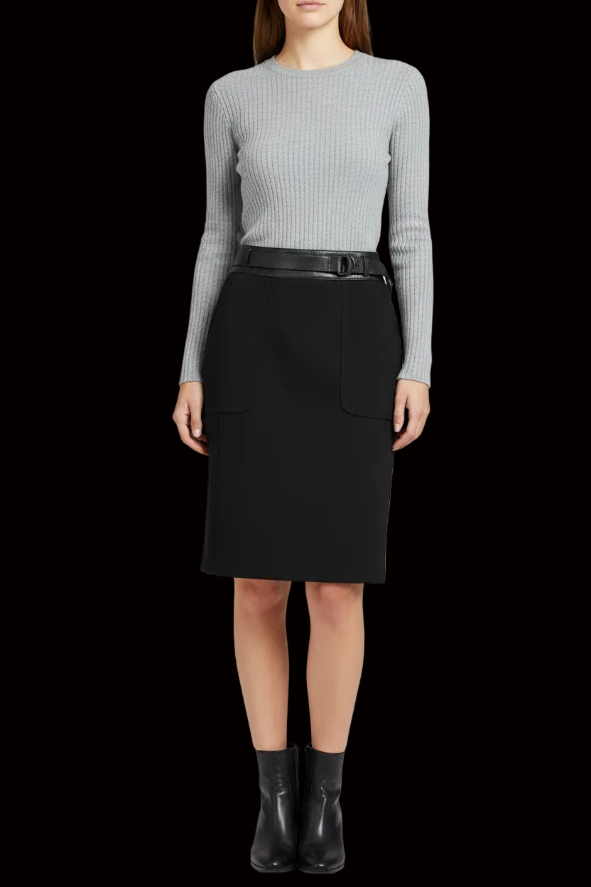 Prada wool pencil skirt with leather waistband & belt in black — rent from Laura Messerschmitt, Berlin stylist