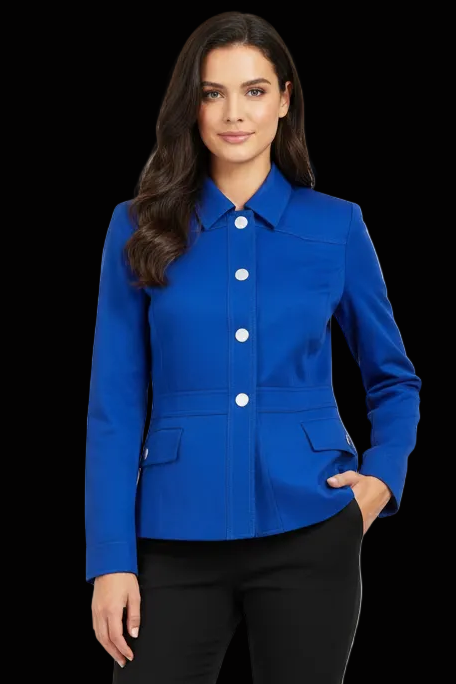 Prada cropped cotton peplum jacket in cobalt blue — rent from Laura Messerschmitt, Berlin stylist