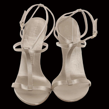 Burberry champagne satin sandals top-down view showing T-strap and branded insole