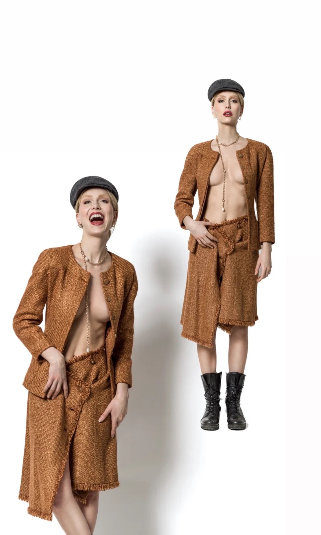 Chanel Autumn/Winter 2001 Tweed Skirt Suit with Silk Camellia Lining – Camel – FR 3