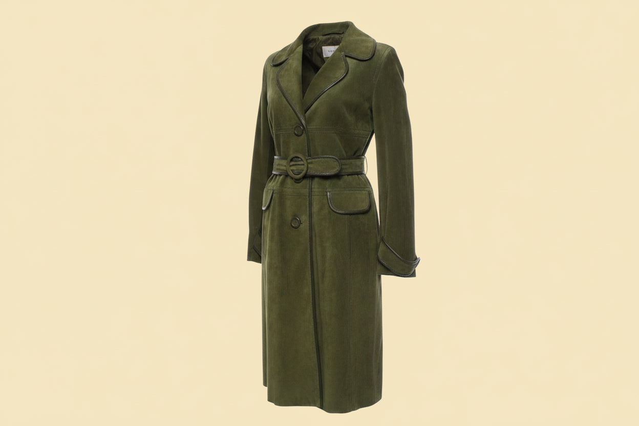 Max Mara — Belted Suede Trench Coat with Leather Piping in Olive