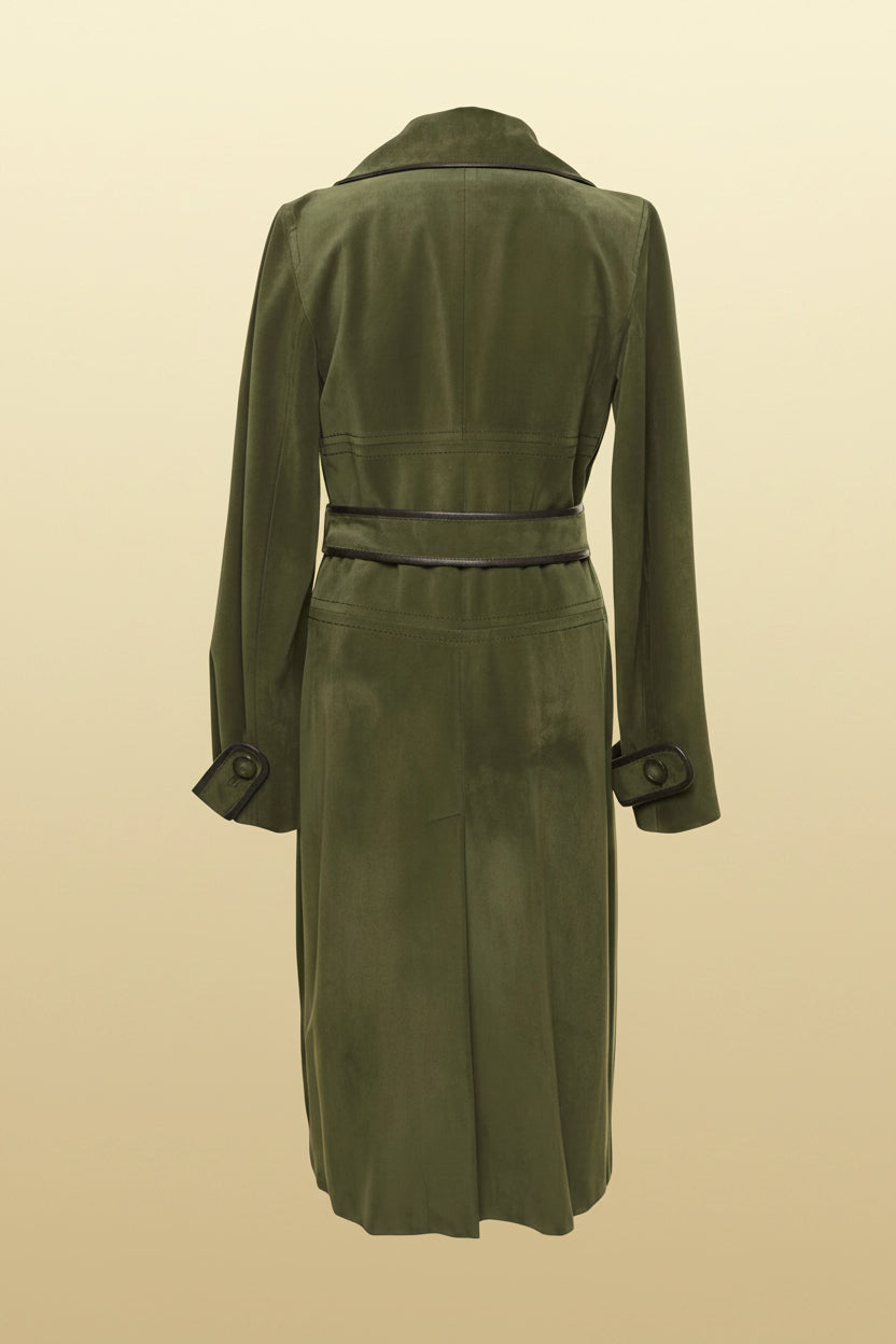 Max Mara — Belted Suede Trench Coat with Leather Piping in Olive