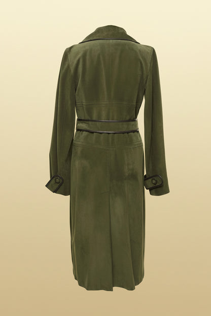 Max Mara — Belted Suede Trench Coat with Leather Piping in Olive