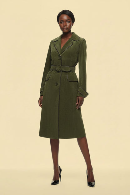 Max Mara — Belted Suede Trench Coat with Leather Piping in Olive