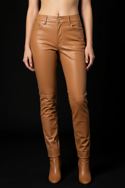 Hermès camel lambskin leather trousers front view on mannequin
