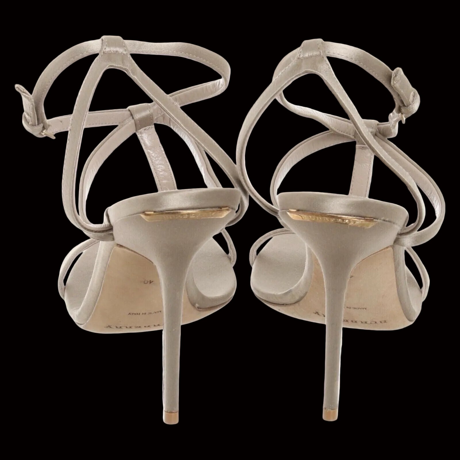 Burberry champagne satin strappy sandals back view showing stiletto heel and crossover ankle straps