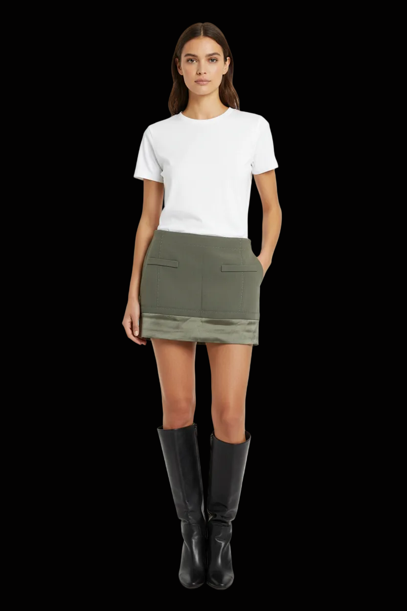 Vanessa Bruno khaki wool mini skirt front view on model