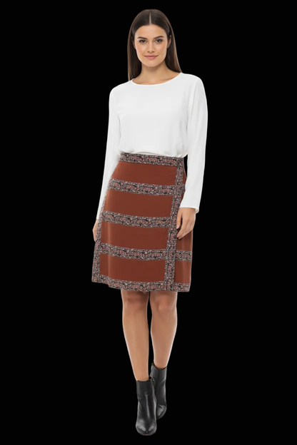 Tory Burch rust and grey silk panelled A-line skirt front view on model