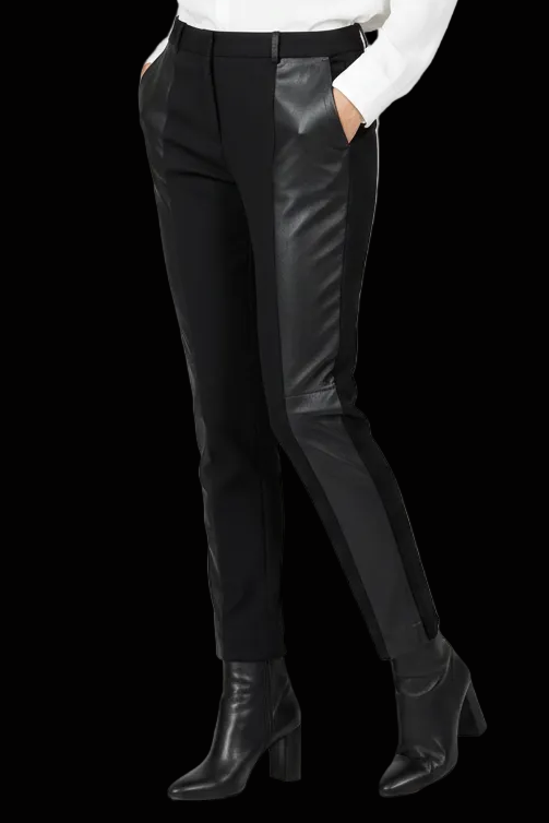 Céline wool tuxedo trousers with black leather side panels — rent from Laura Messerschmitt, Berlin stylist