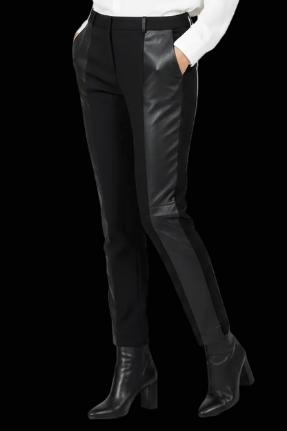 Céline wool tuxedo trousers with black leather side panels — rent from Laura Messerschmitt, Berlin stylist