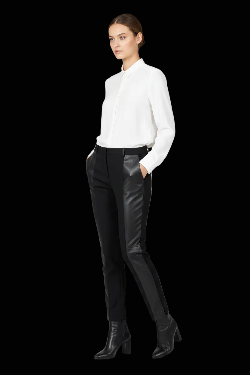 Céline — Wool Tuxedo Trousers with Black Leather Side Panels