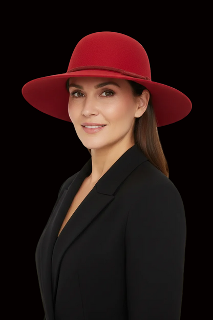 Hermès red rabbit felt wide-brim hat — rent from Laura Messerschmitt, Berlin stylist