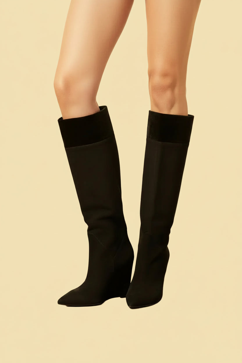 Saint Laurent — Suede Wedge Ankle Boots with Patent Cuff