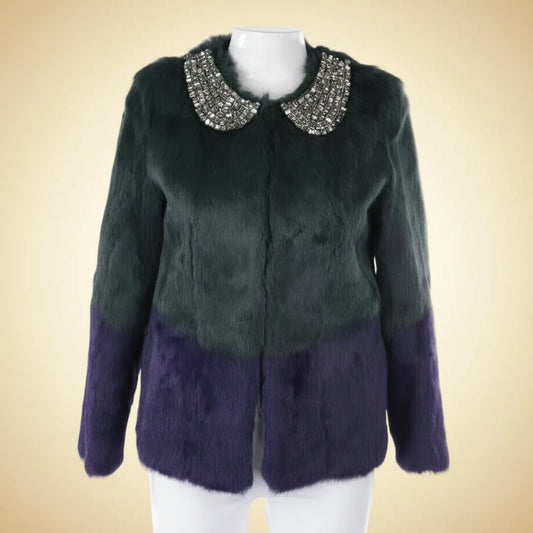 Steffen Schraut — Colour-Block Rabbit Fur Jacket with Crystal Collar in Green & Purple (NWT)