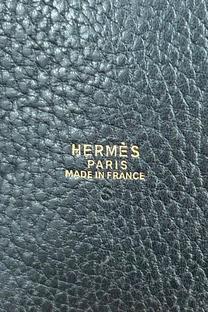 Hermès Paris Made in France gold stamp on black pebbled leather