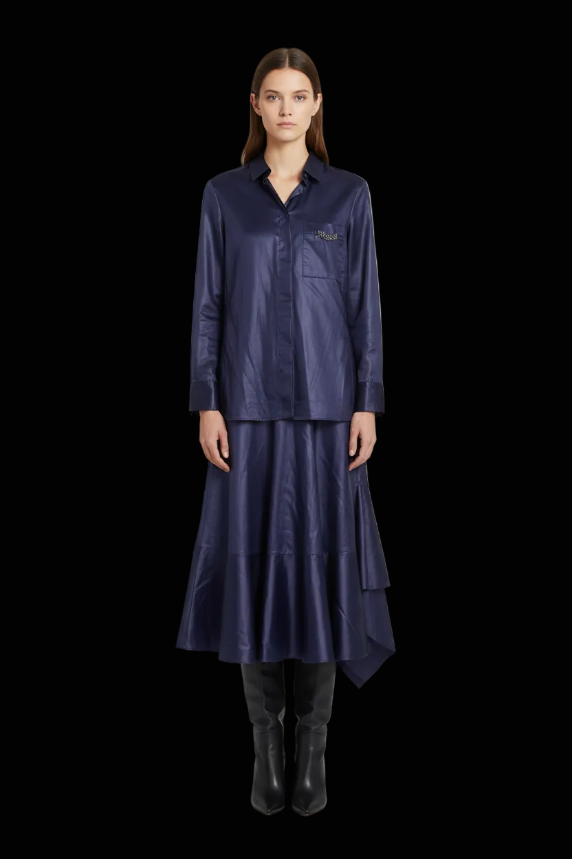 Hermès cotton two-piece set: shirt-tunic with ruffled cuffs + asymmetric handkerchief-hem skirt in navy — rent from Laura Messerschmitt, Berlin stylist